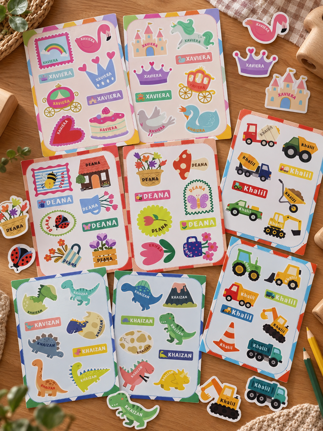 BeyoSticker personalized sticker sheets featuring garden, dinosaur, fairy tale, and vehicle designs
