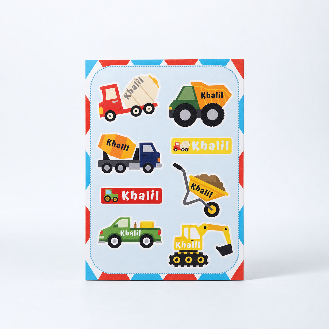 Builder custom name sticker sheet with cement mixers, a dump truck, a wheelbarrow, and an excavator