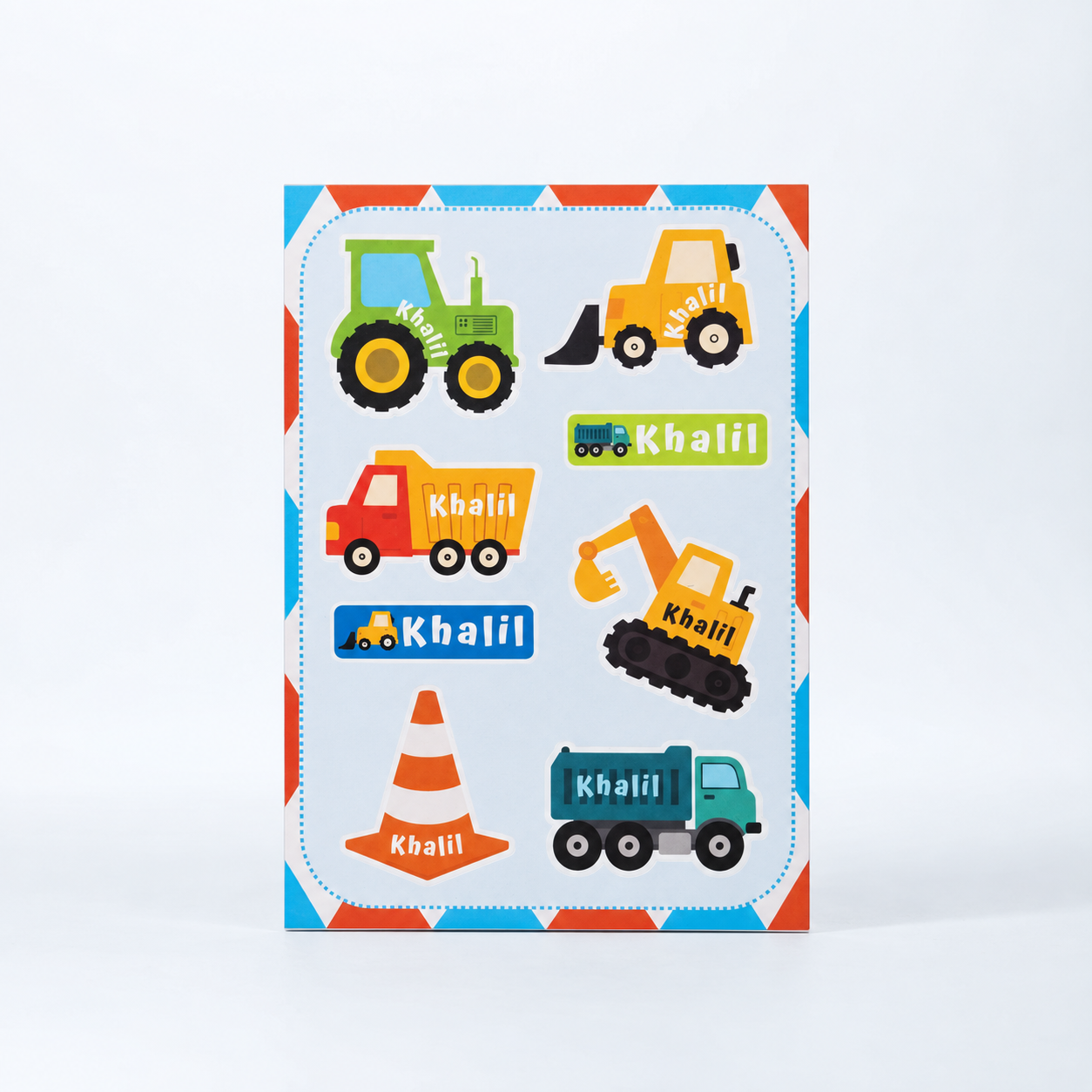 Builder custom name sticker sheet with a tractor, construction trucks, an excavator, and a traffic cone