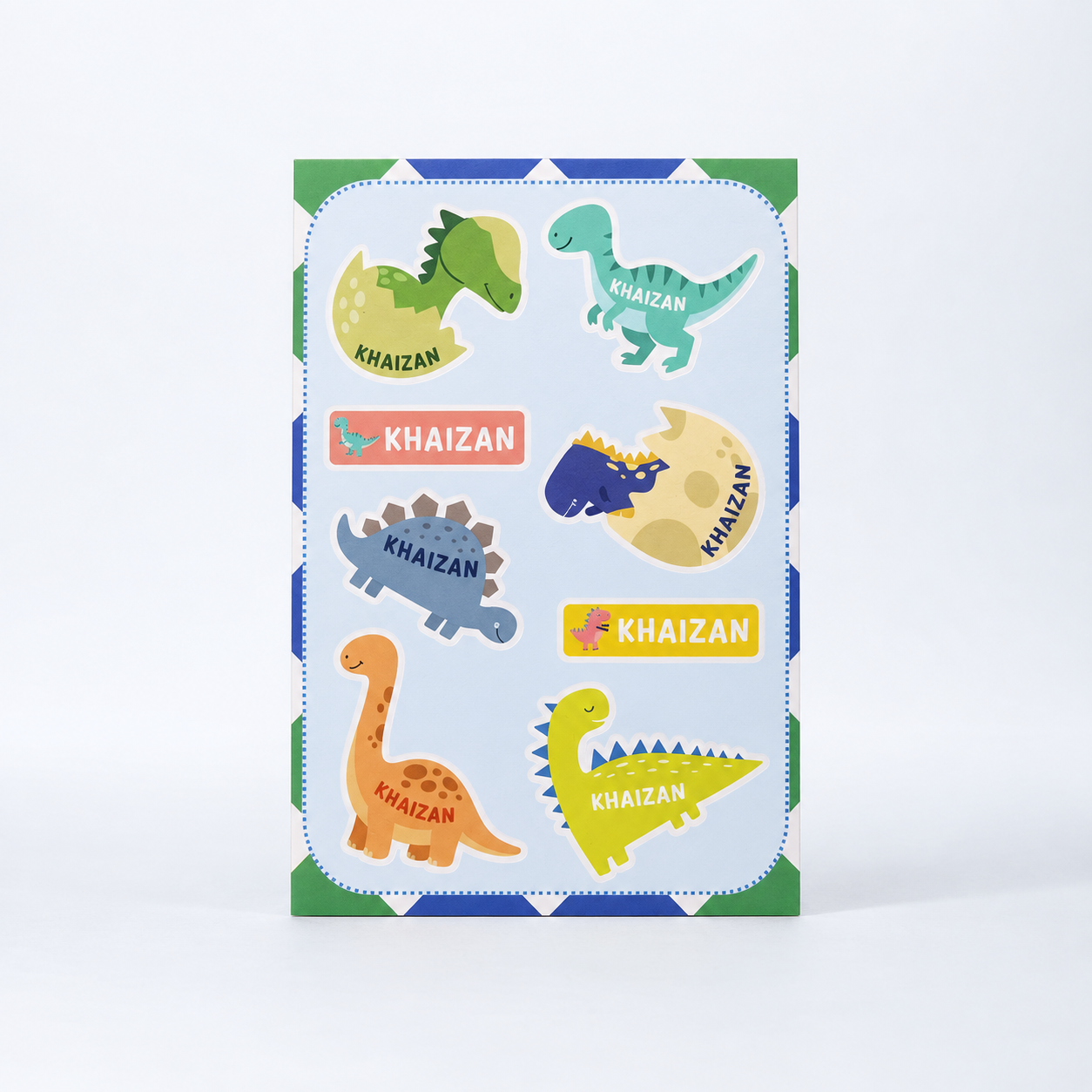 Dino custom name sticker sheet with friendly dinosaurs and hatching dinosaur eggs