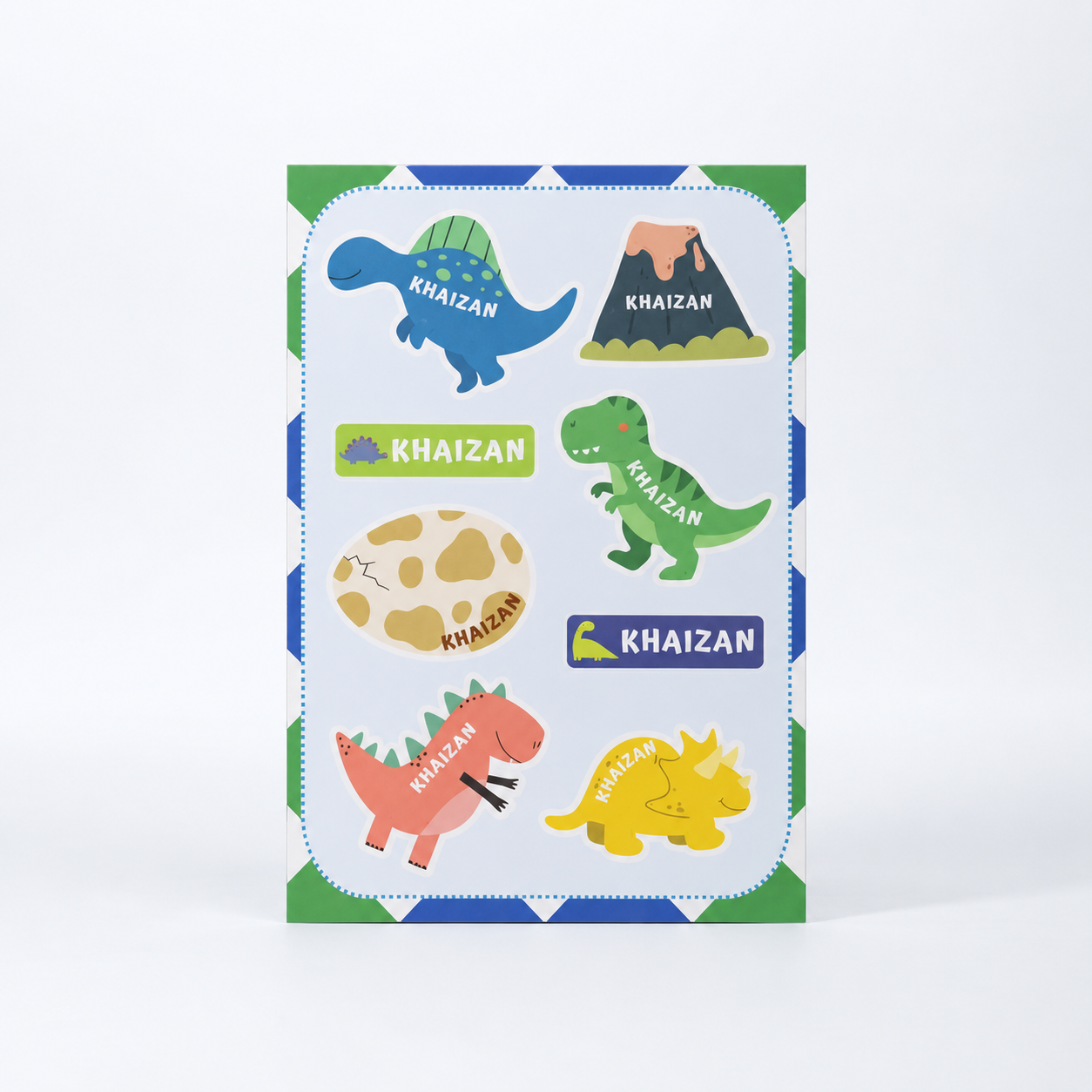 Dino custom name sticker sheet with colorful dinosaurs, a volcano, and a dinosaur egg