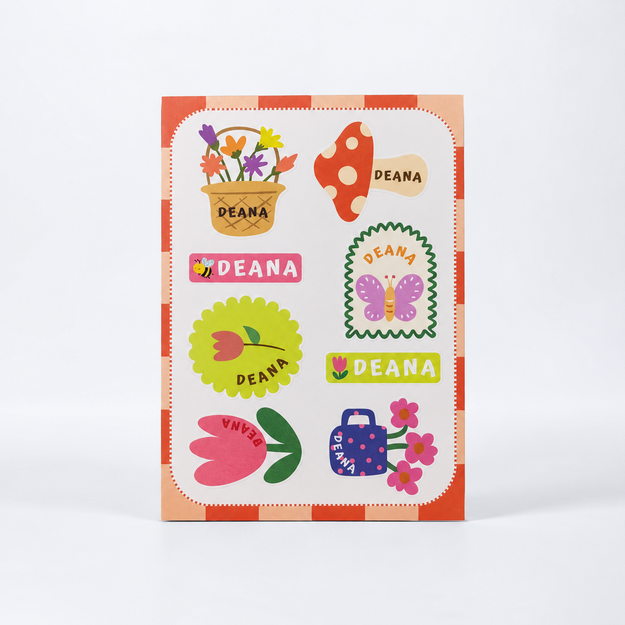 Flower custom name sticker sheet with a flower basket, butterfly, mushroom, and tulip designs