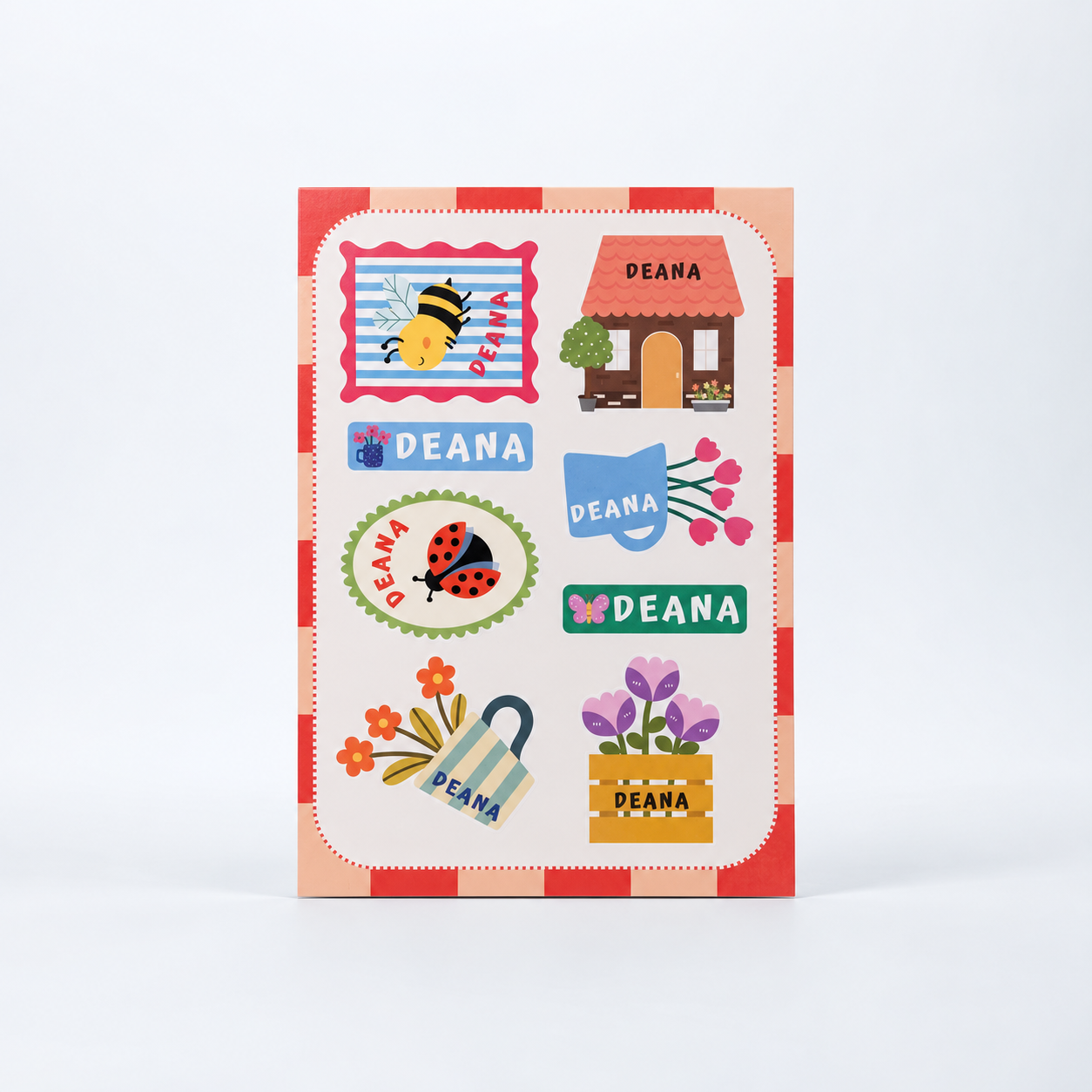 Flower custom name sticker sheet with a bee, cottage, ladybug, and flowers