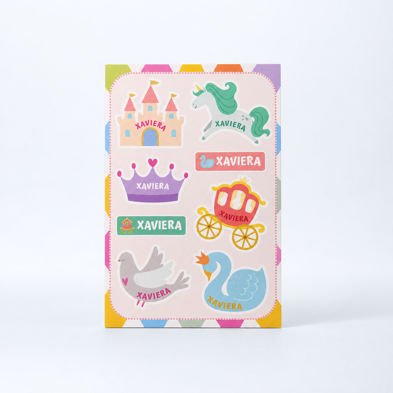 Princess custom name sticker sheet with a castle, unicorn, crown, carriage, and swans