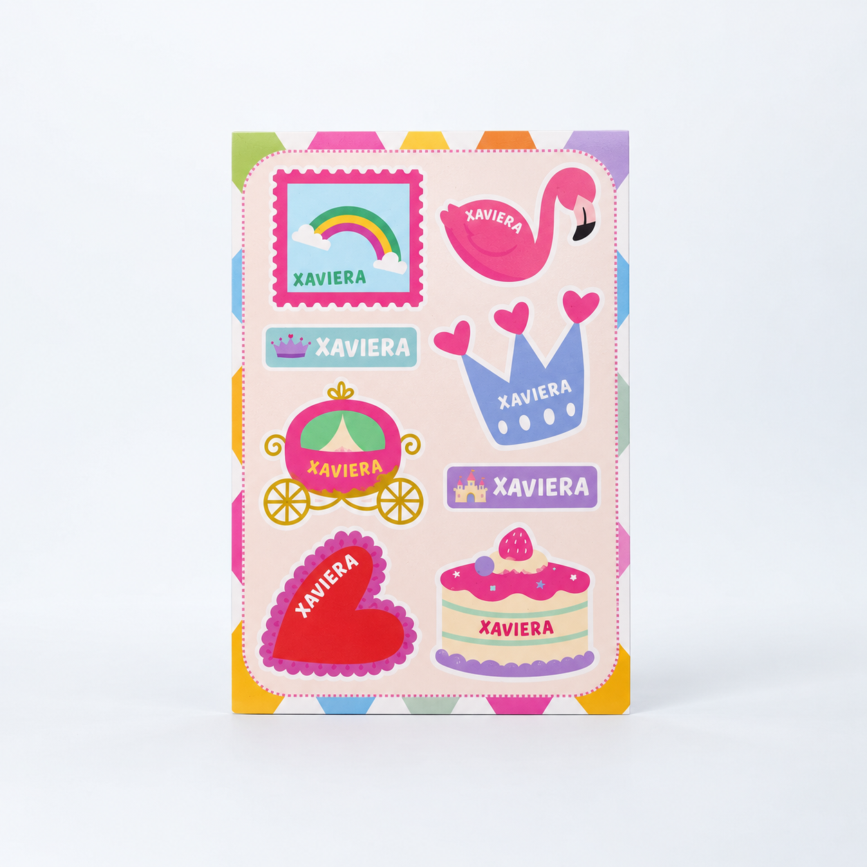 Princess custom name sticker sheet with a rainbow, flamingo, crown, carriage, heart, and cake